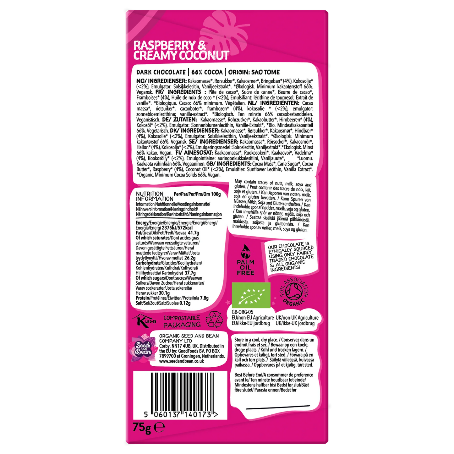 Seed and Bean Organic Coconut & Raspberry 66% Cocoa Dark Chocolate Bar - 75g