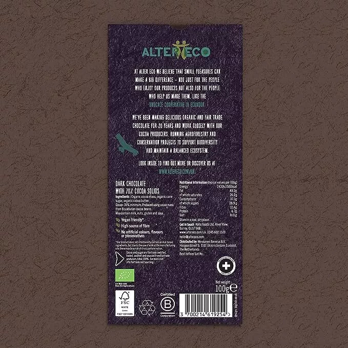 AlterEco Dark Chocoalate 70% Ecuador - 100g