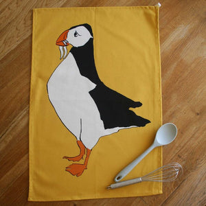 Puffin Tea towel with Yellow background